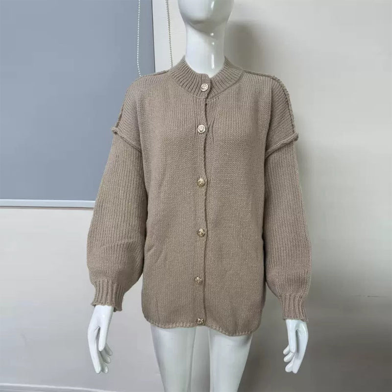 Elegant Solid Color Women's Knit Cardigan - High Neck Loose Fit Cuffed Long Sleeve Button Front