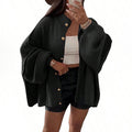 Elegant Solid Color Women's Knit Cardigan - High Neck Loose Fit Cuffed Long Sleeve Button Front