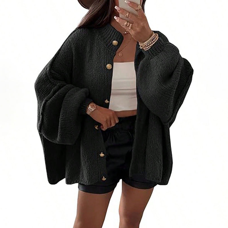 Elegant Solid Color Women's Knit Cardigan - High Neck Loose Fit Cuffed Long Sleeve Button Front