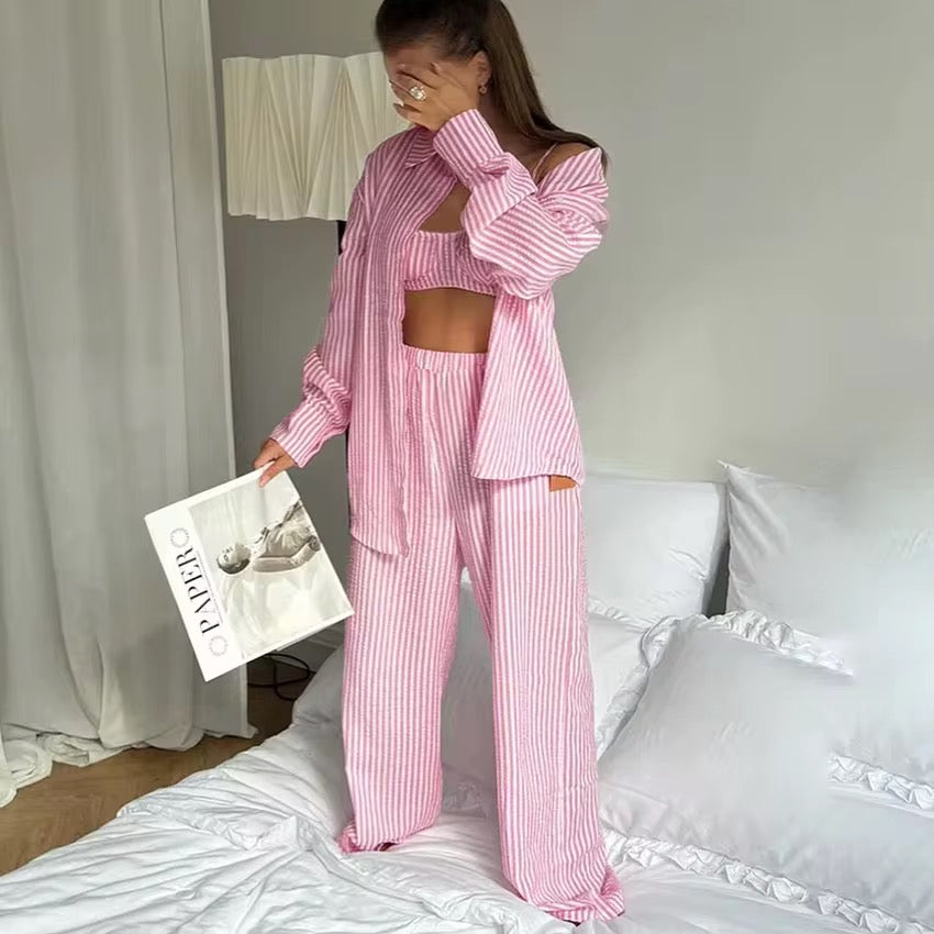 Bubble-striped Three-piece Pajama Set