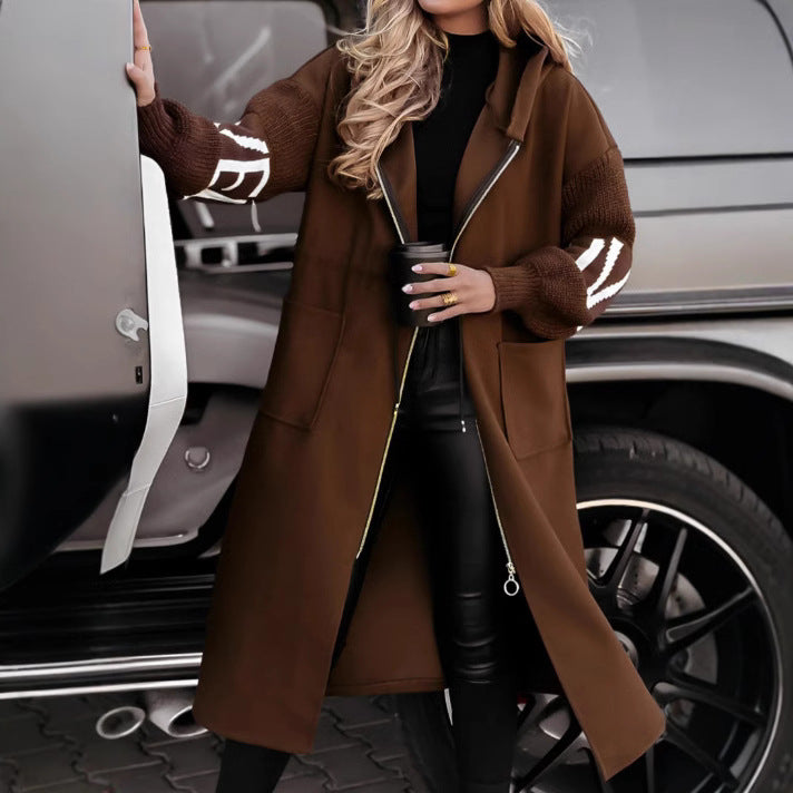 Hooded Windbreaker Long Jacket With Pockets And Drawstring Design Solid Color Knit-Sleeved Trench Coat