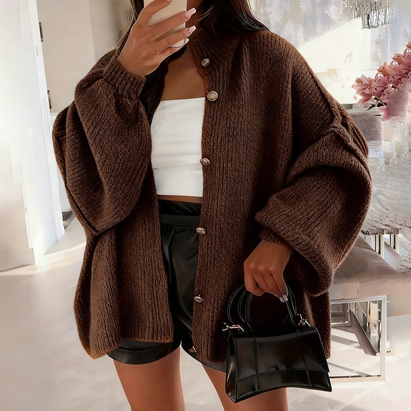 Elegant Solid Color Women's Knit Cardigan - High Neck Loose Fit Cuffed Long Sleeve Button Front